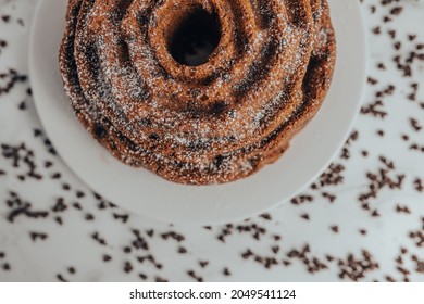 An Ornate And Decorative Homemade And Fresh Chocolate Chip Bundt Cake.