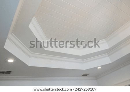 An ornate double 2 layer white tray ceiling of an older home with a classic style.