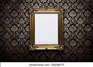 Ornate Gold Frame At Grunge Wallpaper With Clipping Path