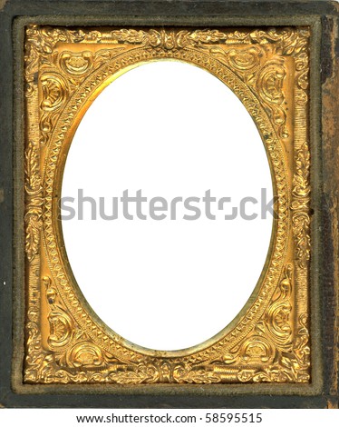 Ornate gold metal picture frame from the 1850s. This style frame was commonly used with Daguerreotypes, Ambrotypes and Tintypes.  In use 1840's-1860s (Victorian Era). Image contains Clipping Path.