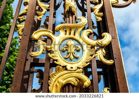 Ornate golden fence with fleur-de-lis at the Place de la Carriere square in Nancy, France, Europe