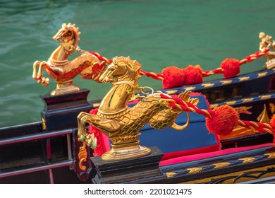 Ornate Gondola in Grand Canal pier at sunny day, Venice, Italy