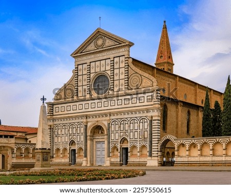 Ornate gothic marble facade of the 14th century Basilica of Santa Maria Novella, the city's principal Dominican church in Florence, Italy