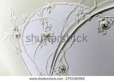 Ornate plaster ceiling relief showcasing delicate rose motifs and flowing vines in white stucco. Elegant decorative molding and embossed floral patterns convey vintage craftsmanship