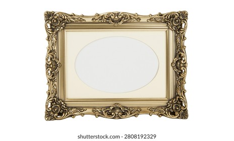 Ornate rectangular gold picture frame with oval center opening and decorative trim
