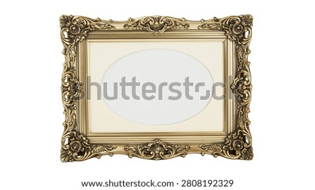 Ornate rectangular gold picture frame with oval center opening and decorative trim