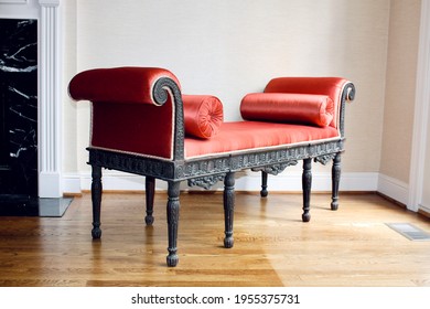 Ornate Red Upholstered Bench With Pillows