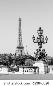 Ornate renaissance street lamp on the famous Pont Alexandre III bridge in central Paris with  Eiffel Tower in the distance in black and white. Paris, France