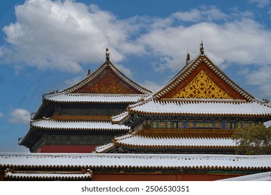 Ornate, snow-dusted traditional rooftops with vibrant yellow details under a partly cloudy sky. - Powered by Shutterstock