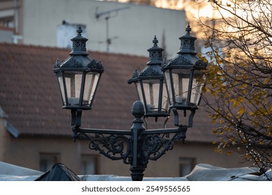 Ornate street lamps silhouetted against a warm sunset sky, Decorative ironwork with detailed patterns, Three ornate, vintage-style street lamps - Powered by Shutterstock