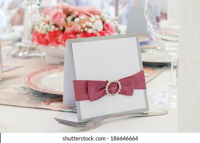 Ornate Table Name Card With Pink Ribbon And Place For Your Text.