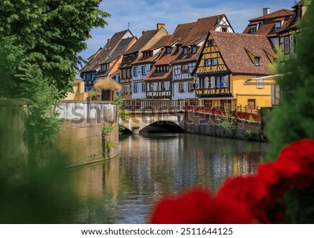 Ornate traditional half timbered houses with blooming flowers along the canals, Little Venice district in Colmar, picturesque village in Alsace France