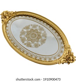 Ornate Tray. Vanity Tray With Gold Ornaments. Polyresin Ellipse Antique Decorative Mirror Organizer For Perfume, Dresser Jewelry And Make Up. Isolated Object On White Background. 