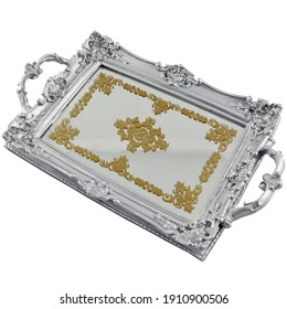 Ornate Tray. Vanity Tray With Gold Ornaments. Polyresin Ellipse Antique Decorative Mirror Organizer For Perfume, Dresser Jewelry And Make Up. Isolated Object On White Background. 