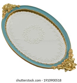 Ornate Tray. Vanity Tray with Gold Ornaments. Polyresin Ellipse Antique Decorative Mirror Organizer for Perfume, Dresser Jewelry and Make up. Isolated Object on White Background. 
