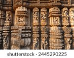 Ornately carved dancers and musicians on the Kalinga style Konark Sun Temple to Surya, UNESCO World Heritage Site, Odisha, India, Asia