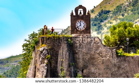 Orsomarso, Calabria, Italy - On a promontory stands the Byzantine old church of Santa Maria di Mercure with a clock tower. in the city Orsomarso in Calabria in the south of Italy. [[stock_photo]] © 