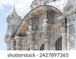 Ortakoy Mosque on the banks of the Bosphorus. Close-up fragment of the wall with luxury marble carving. Ottoman baroque, XIX cent. Tourism or art history concept. Besiktas, Istanbul, Turkey (Turkiye).