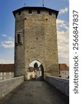 Orthez. France. Old Bridge.  Medieval fortified bridge over the Gave de Pau river