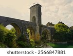 Orthez. France. Old Bridge.  Medieval fortified bridge over the Gave de Pau river