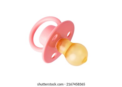 Orthodontic pacifier isolated on white. Pink baby pacifier isolated on white background.
