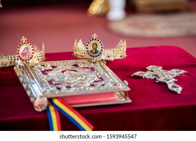 Orthodox Book And Crowns For Romanian Wedding Ceremony In Church 