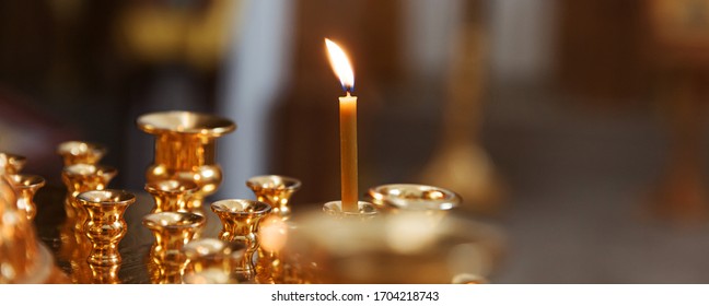 Orthodox Church. Christianity. Festive Interior Decoration With Burning Candles And Icon In Traditional Orthodox Church On Easter Eve Or Christmas. Religion Faith Pray Symbol