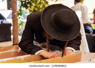 Orthodox Jew With Sidelocks In Black Hats Choose Ritual Plants For The Holiday Of Sukkot. Pre-holiday Bazaar. Israel, Jerusalem