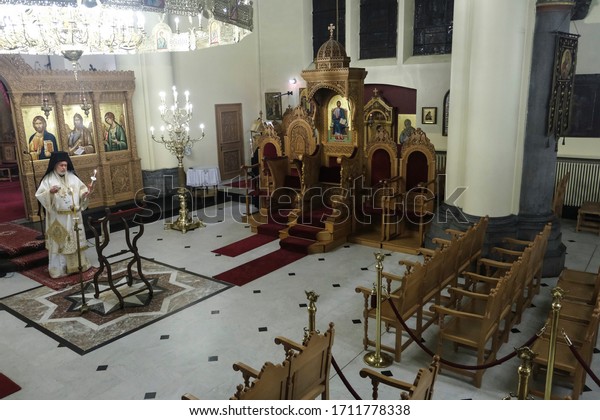 Orthodox\
Metropolitan Athenagoras leads the Easter Resurrection Service\
taking place in the behind closed doors at Orthodox Cathedral in\
Brussels, Belgium on April 18,\
2020\
