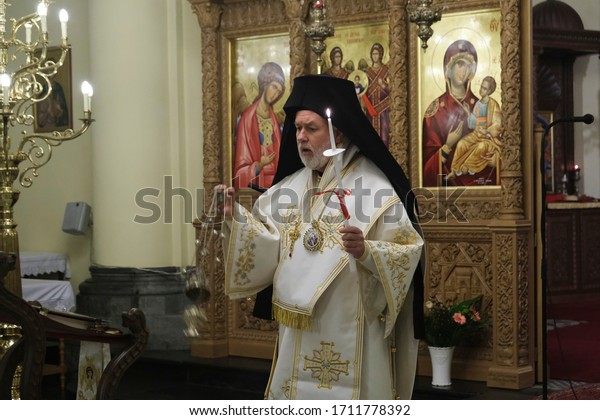 Orthodox\
Metropolitan Athenagoras leads the Easter Resurrection Service\
taking place in the behind closed doors at Orthodox Cathedral in\
Brussels, Belgium on April 18,\
2020\
