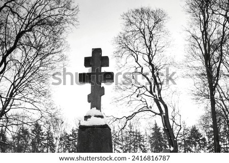 Orthodox stone moss covered Orthodox cross in the cemetery among trees without leaves, Black and white