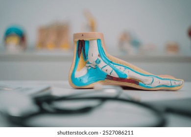 In the orthopedics clinic, the doctor used a model to illustrate human foot anatomy, highlighting the importance of bone and joint health in effective medicals and health care. - Powered by Shutterstock