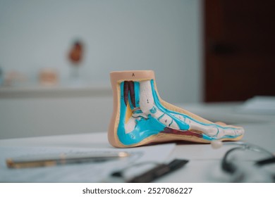 In the orthopedics clinic, the doctor used a model to illustrate human foot anatomy, highlighting the importance of bone and joint health in effective medicals and health care. - Powered by Shutterstock