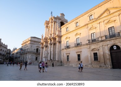 Ortigia, Siracusa, Sicily - 15 July 2021: Cathedral Square (Piazza Duomo) and Cathedral (Duomo di Siracusa)