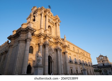 Ortigia, Siracusa, Sicily - 15 July 2021: Cathedral Square (Piazza Duomo) and Cathedral (Duomo di Siracusa)