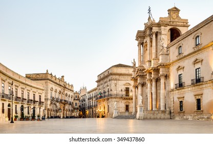 Ortigia in Syracuse in the Morning. Travel Photography from Syracuse, Italy on the island of Sicily. Cathedral Plaza. Large open Square at sunrise