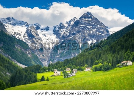 Ortler and Stilfs village in Idyllic landscape, near Passo dello Stelvio, South Tyrol alps