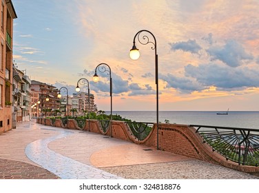 Ortona, Abruzzo, Italy: seafront at dawn, beautiful terrace with street lamp on the Adriatic sea  
