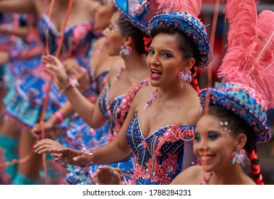 ORURO, BOLIVIA - FEBRUARY 25, 2017: Morenada dancers in ornate costumes parade through the mining city of Oruro on the Altiplano of Bolivia during the annual carnival. - Shutterstock ID 1788284231