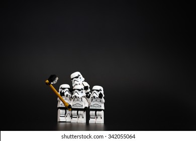 Orvieto, Italy - November 15th 2015: Group o Star Wars Lego Stormtroopers mini figures take a selfie. Lego is a popular line of construction toys.