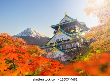 Osaka Castle And Maple Autumn Leaves With Fuji Mountain Background, One Of Japan's Premier Historic Castles, Japan