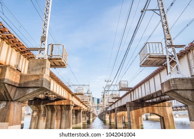 Osaka Cityscape - Yodogawa Train Bridge - Osaka Japan