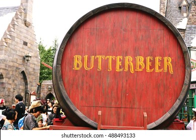 OSAKA, JAPAN - 19 Jul, 2020 : Photo of Oak Barrel Containing BUTTERBEER, famous drink from Harry Potter containing 0% alcohol, at The Wizarding World of Harry Potter, Universal Studio JAPAN, Osaka. 