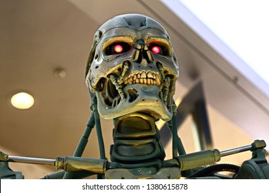 OSAKA, JAPAN - Apr 13, 2019 : Photo Of The T-800 End Skeleton From The Terminator 3D,Terminator 6 Dark Fate 2019 Coming Soon.