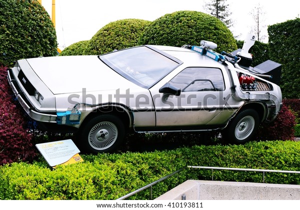 OSAKA, JAPAN - Apr 23, 2016 : Use movie of Ready Player\
One. Photo of De Lorean from Back to the Future at Universal\
Studios Japan. 