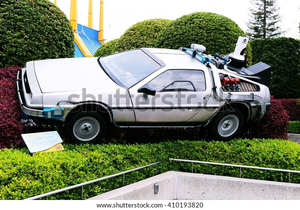 OSAKA, JAPAN - Apr 23, 2016 : Use movie of Ready Player\
One. Photo of De Lorean from Back to the Future at Universal\
Studios Japan. 
