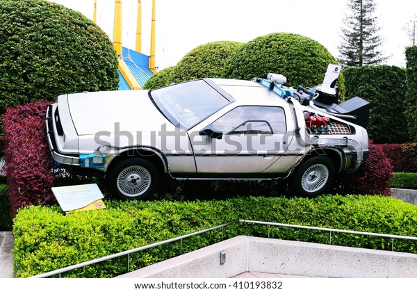 OSAKA, JAPAN - Apr 23, 2016 : Use movie of Ready Player
One. Photo of De Lorean from Back to the Future at Universal
Studios Japan. 