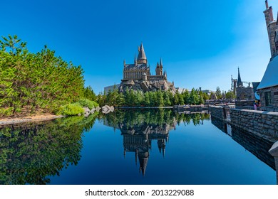 OSAKA, JAPAN - AUGUST 10, 2019: Photo of Hogwarts Castle. The Wizarding World of Harry Potter in Universal Studios Japan. Universal Studios Japan is a fun and famous theme park in Osaka, Japan.
