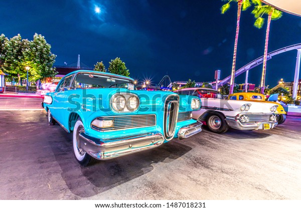 OSAKA, JAPAN - AUGUST 10,\
2019: Night view of Mels drive-in at HOLLYWOOD AREA in Universal\
Studios Japan. Universal Studios Japan is a fun and famous theme\
park in Japan.