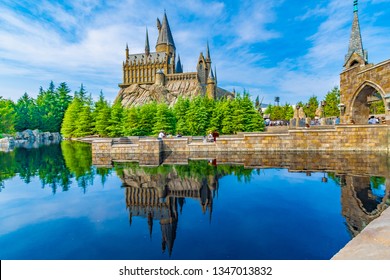 OSAKA, JAPAN - AUGUST 12, 2018: Photo of Hogwarts Castle. The Wizarding World of Harry Potter in Universal Studios Japan. Universal Studios Japan is a fun and famous theme park in Osaka, Japan.
